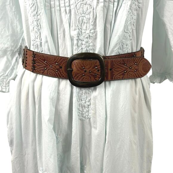 Fossil Women Leather Beaded Belt Western Boho Y2K Cowgirl Brown Size XS/Small - Picture 1 of 8